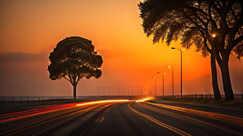 Light trails on road at sunset