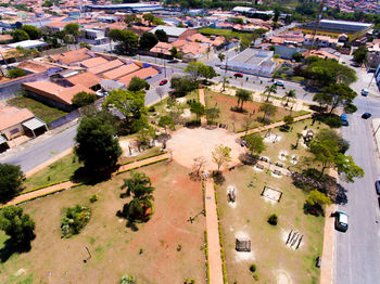 High angle view of houses in town