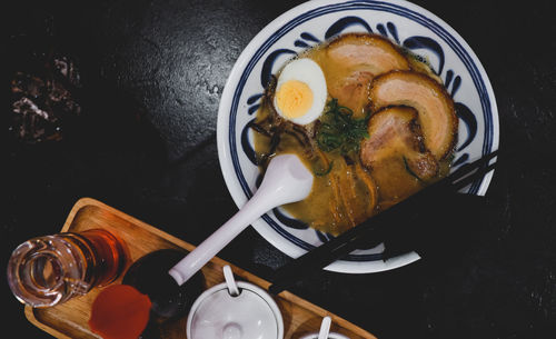 High angle view of breakfast served in plate