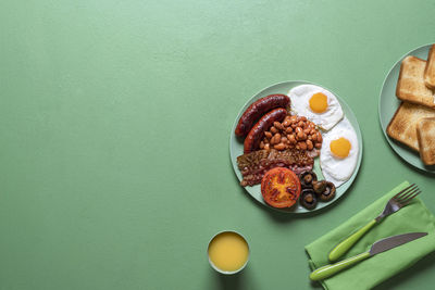 High angle view of breakfast served on table