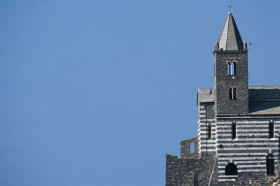 Low angle view of building against clear blue sky