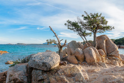 Rocks by sea against sky