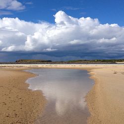 Scenic view of beach against cloudy sky