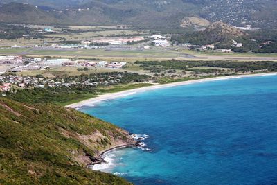 High angle view of sea and mountains