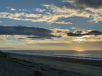 Scenic view of beach against sky during sunset