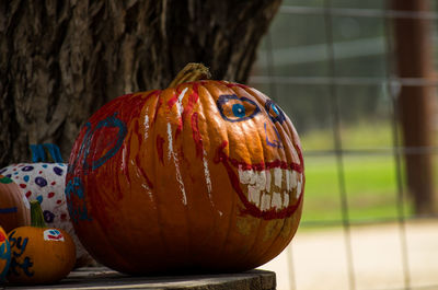 Close-up of pumpkin against orange wall