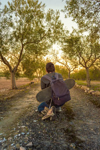Rear view of couple sitting on tree
