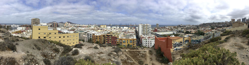 High angle view of buildings against sky