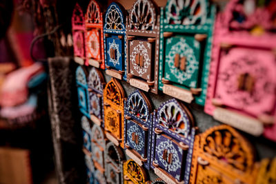 Close-up of multi colored decorations for sale in market