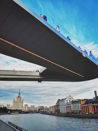 Bridge over river against buildings in city