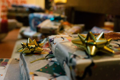 Close-up of christmas presents on table