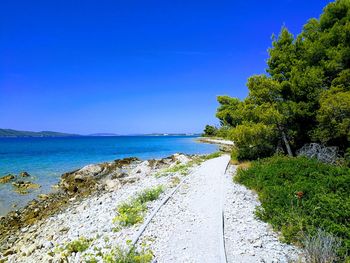 Scenic view of sea against clear blue sky