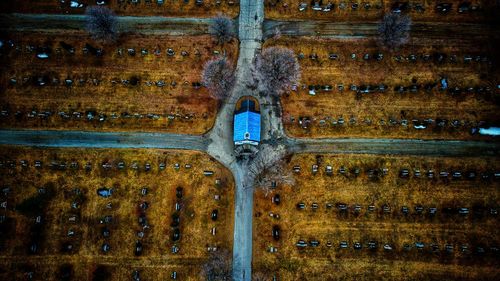 High angle of the church in the middle of the cementery 