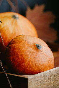 Close-up of pumpkins in box