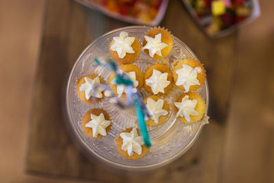 High angle view of dessert on table