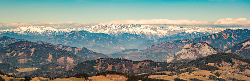 Scenic view of snowcapped mountains against sky