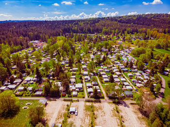 High angle view of trees on landscape against sky