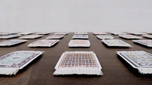 Row of cards decor on table at museum