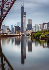 Reflection of buildings in river against sky