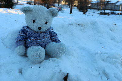 Stuffed toy on snow covered land