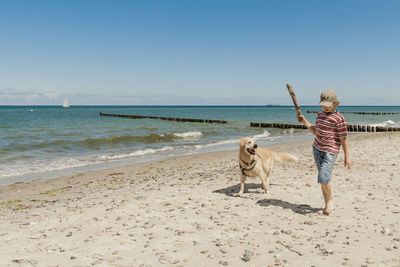 Teenage boy walking by dog on sand at beach against sky