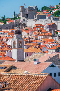 High angle view of houses in town