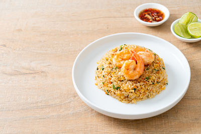 High angle view of food in plate on table