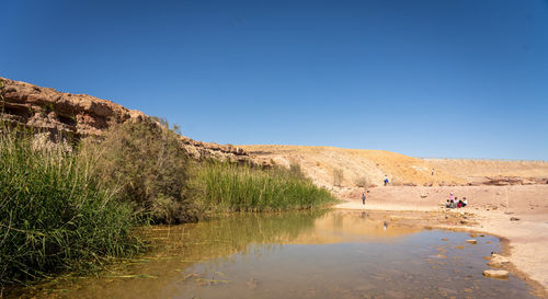 Scenic view of desert oasis against clear blue sky