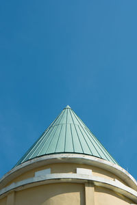 Low angle view of building against clear blue sky