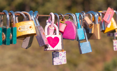 Close-up of padlocks hanging 