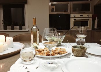 Wine bottles on table