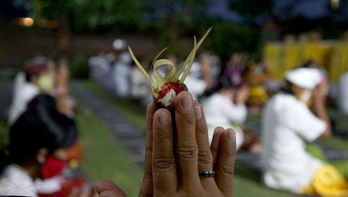 Midsection of people holding flowering plant