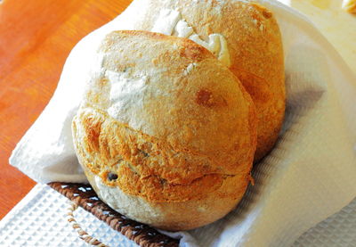 High angle view of bread in plate on table