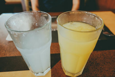 High angle view of beer in glass on table