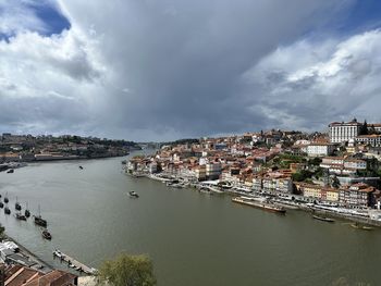 High angle view of townscape by river against sky