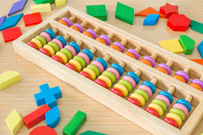 High angle view of toys on table