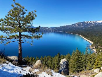 Scenic view of lake against clear blue sky