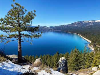 Scenic view of lake against clear blue sky