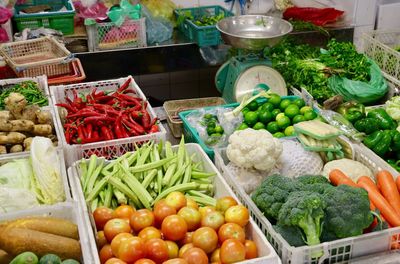 High angle view of various vegetables for sale in market