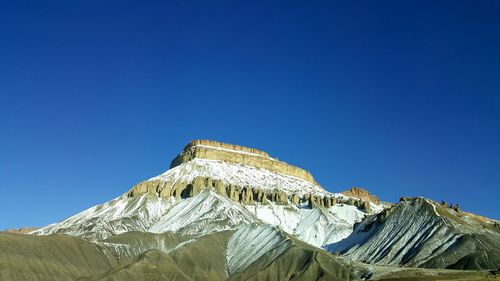 Low angle view of mountain against blue sky