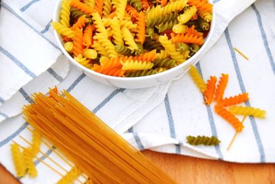High angle view of vegetables in bowl on table