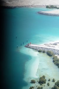 High angle view of beach against blue sky