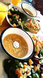 High angle view of soup served on table