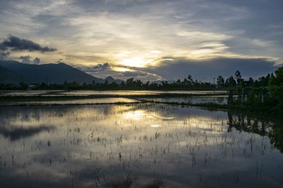 Scenic view of lake against sky during sunset