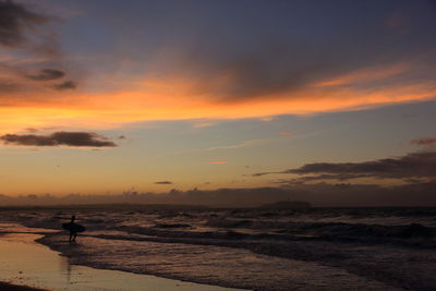 Silhouette person on beach against sky during sunset