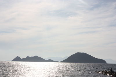 Scenic view of sea and mountains against sky