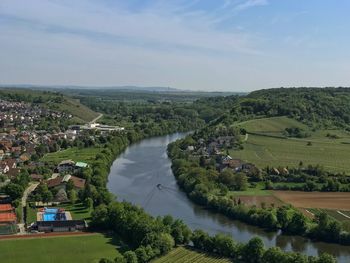 High angle view of river amidst landscape against sky