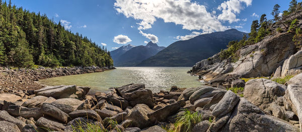 Panoramic view of rocks and mountains against sky