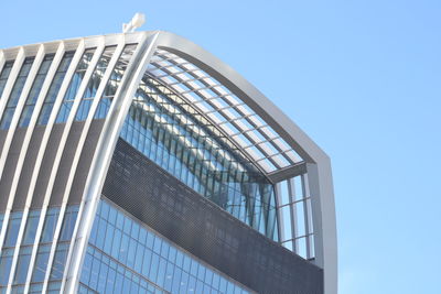 Low angle view of modern building against clear blue sky