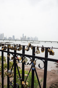 Close-up of padlocks on railing against river